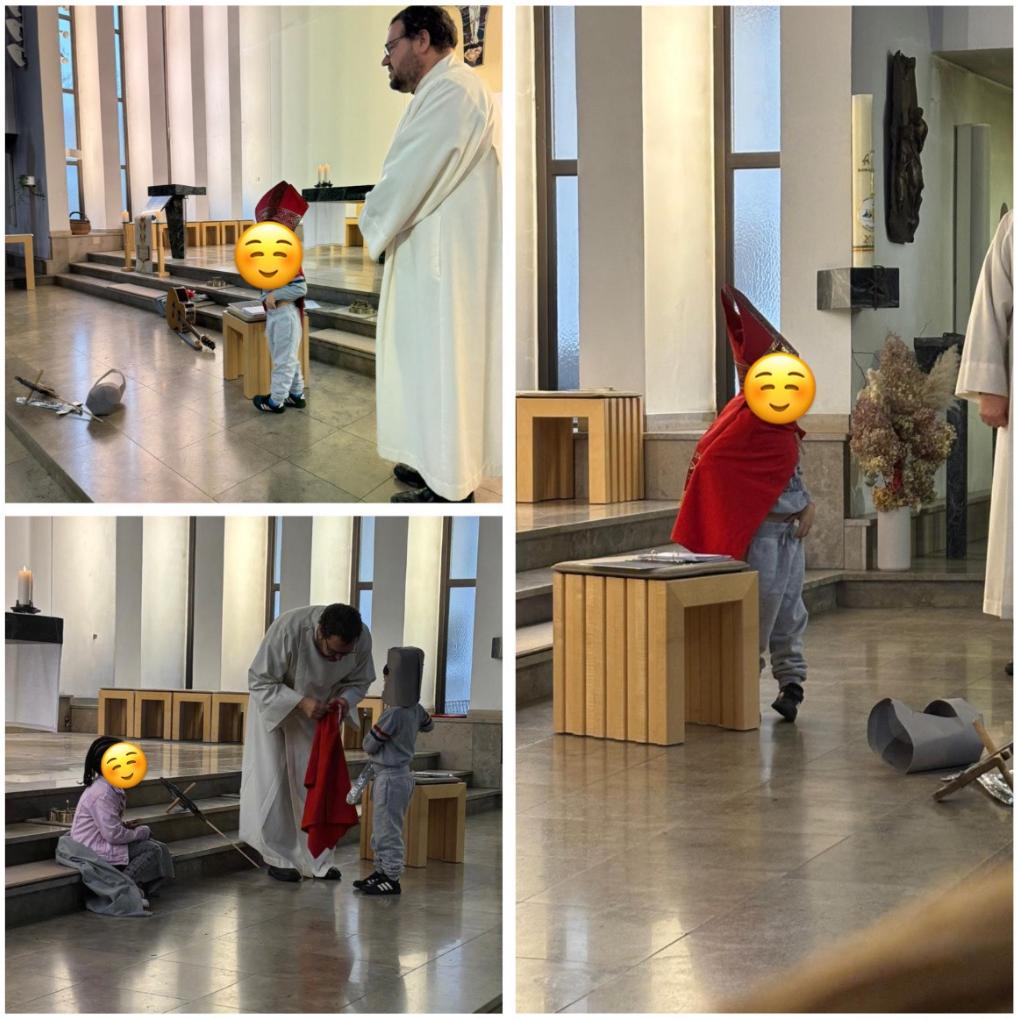 Die Kinder sind in der Kirche und lauschen der Andacht von Herrn Lüttke. Sie spielen die Geschichte von St. Martin nach.