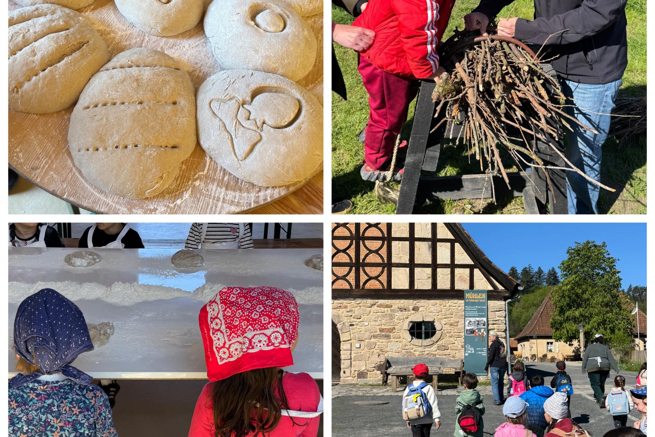 Wir haben einen Ausflug nach Ahorn zur 'Alten Schäferei' gemacht. Mit dem Bus sind wir los gefahren. Vor Ort haben wir Teig geknetet, Holz gesägt, Holz im Wald gesammelt und Brot gebacken. Zum Abschluss durfte jedes Kind das selbst gemachte Brot mit nach Hause nehmen.