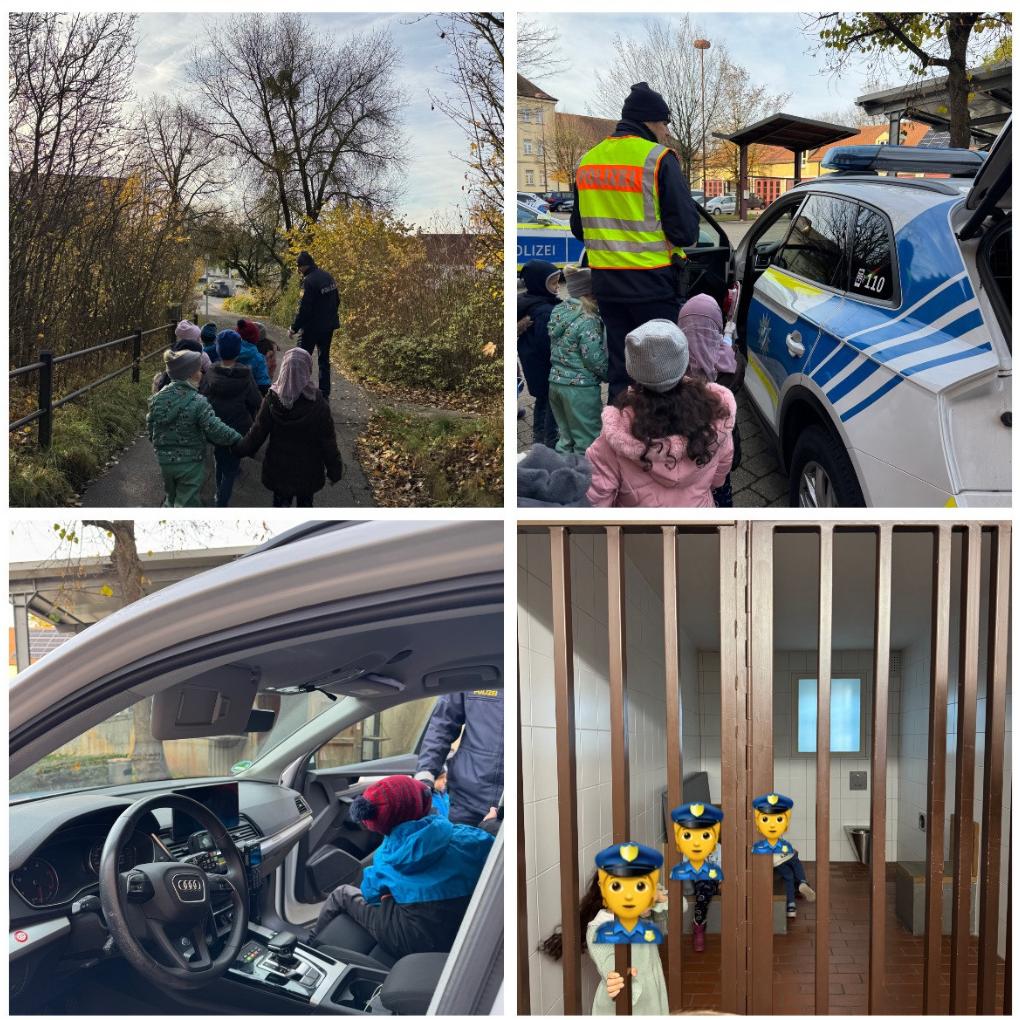 Die Vorschulkinder laufen gemeinsam mit der Polizei den Schulweg ab, sehen ein Polizeiauto, dürfen sich sogar hineinsetzen und besichtigen ein echtes Gefängnis.