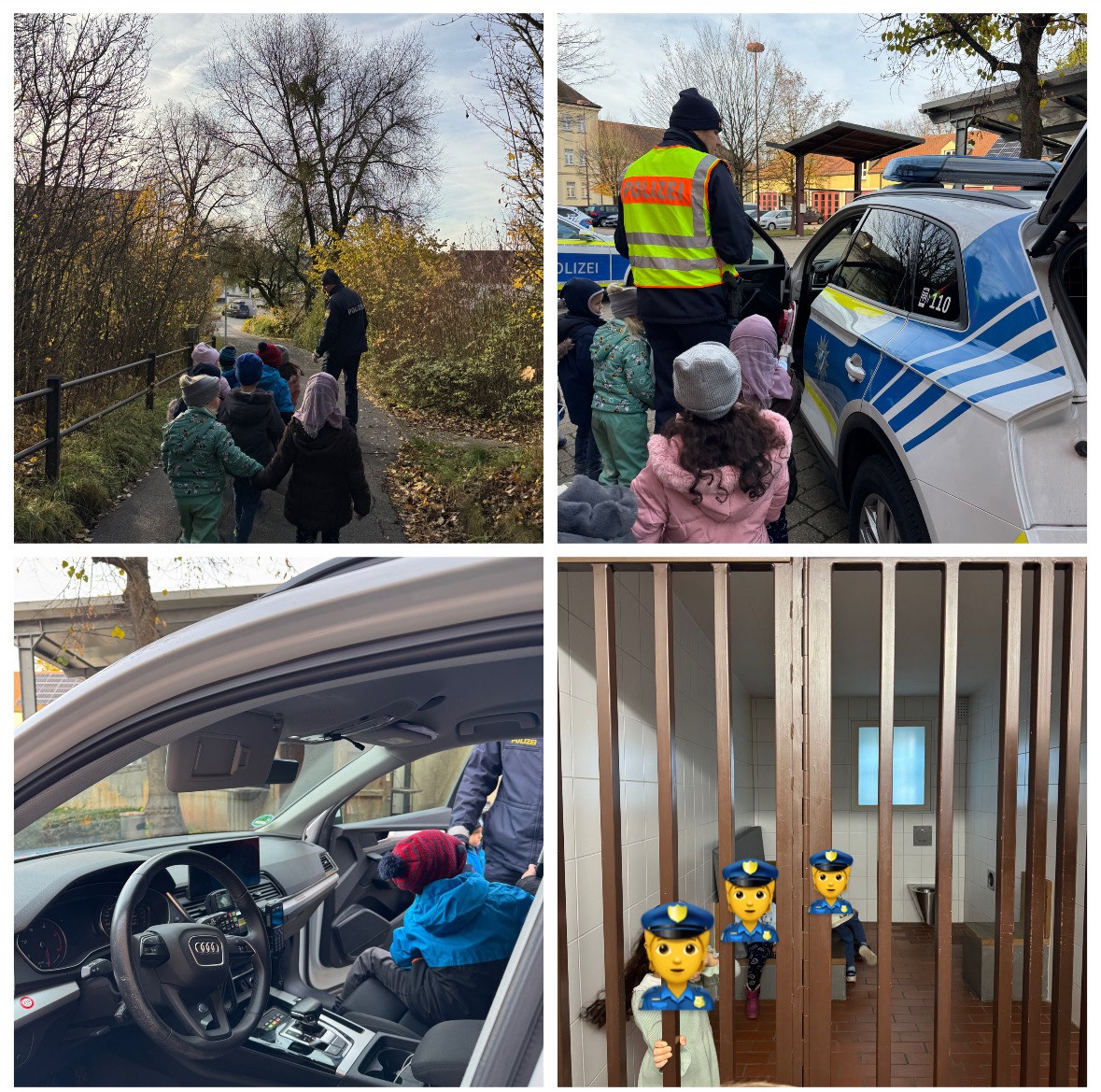 Die Vorschulkinder laufen gemeinsam mit der Polizei den Schulweg ab, sehen ein Polizeiauto, dürfen sich sogar hineinsetzen und besichtigen ein echtes Gefängnis.