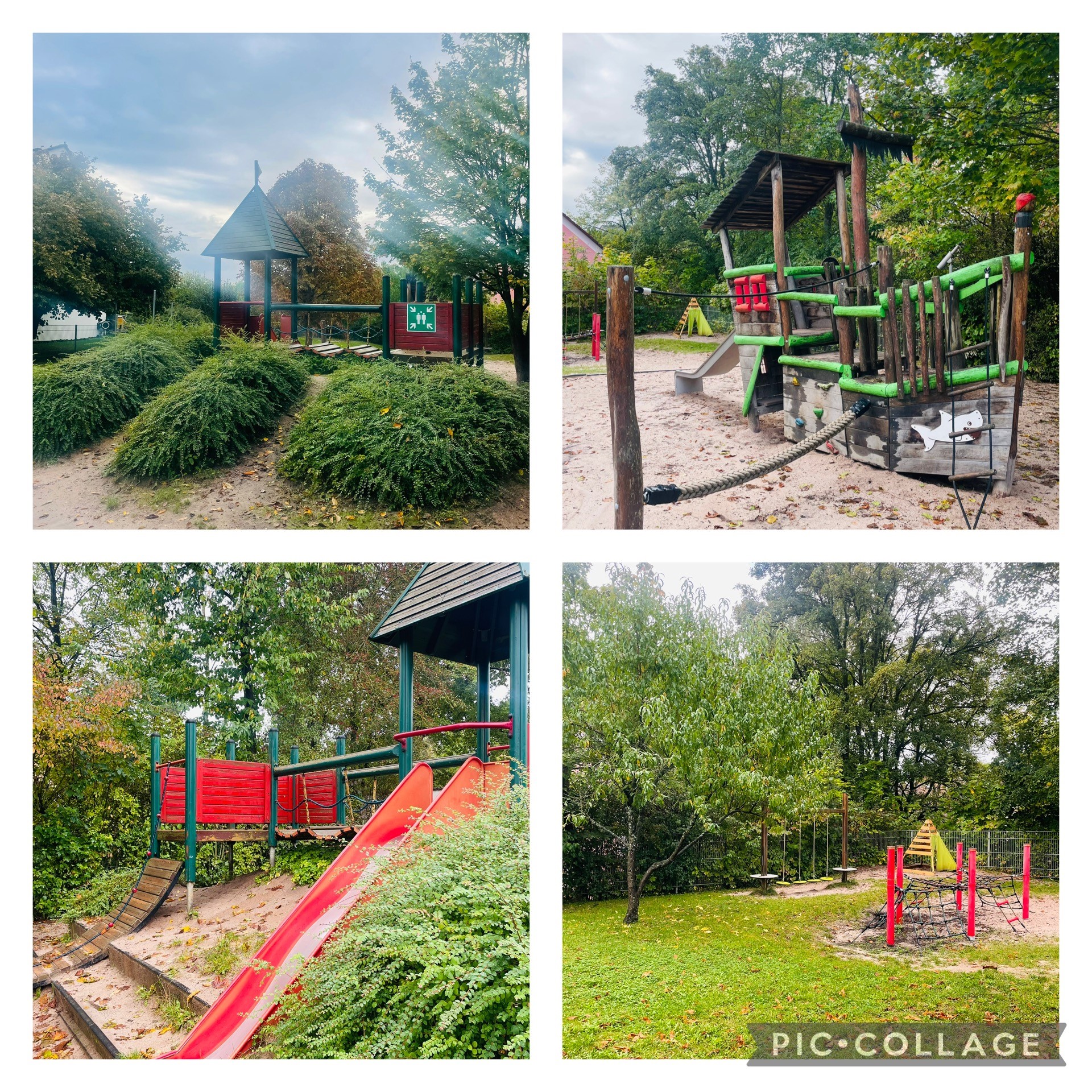 Vierteiliges Bild mit Fotos aus dem Gartenbereich auf dem die unterschiedlichen Spielgeräte zu sehen sind.